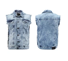 Men's Denim Distressed Button Up Trucker Classic Light Blue Indigo Jean Vest