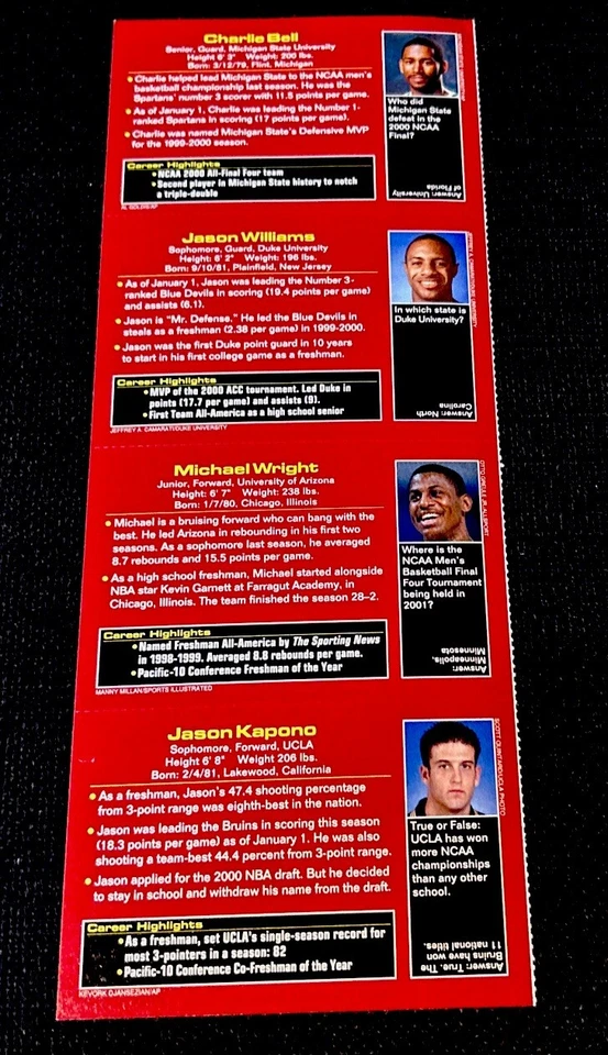JASON KAPONO ROOKIE SPORTS ILLUSTRATED FOR KIDS SI 2001 MARCH MADNESS SHEET - Image 2 of 2