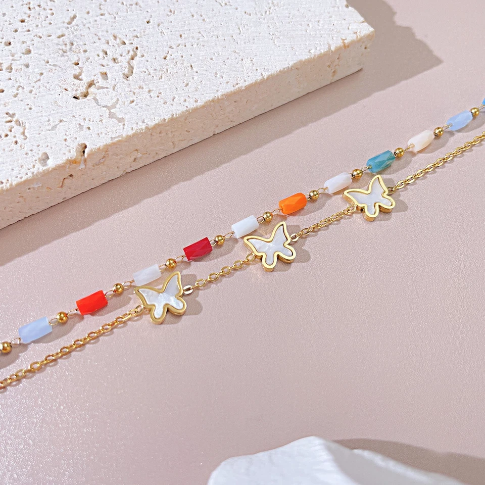 Doppelarmband Schmetterling mit Perlmutt Edelstahl Bunt Damen Mädchen Armband - Bild 3 von 4