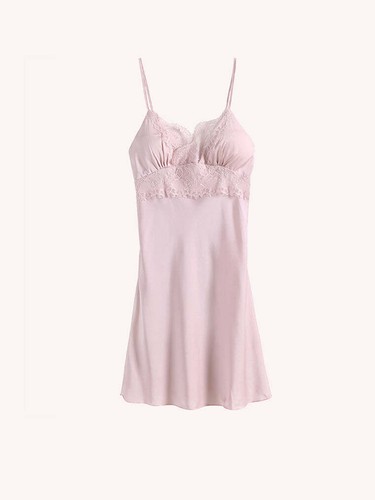 Women's Sexy Lingerie Pink Silky Lace-Trim Slip Sleep Dress Pajamas Lounge Wear - Picture 2 of 5