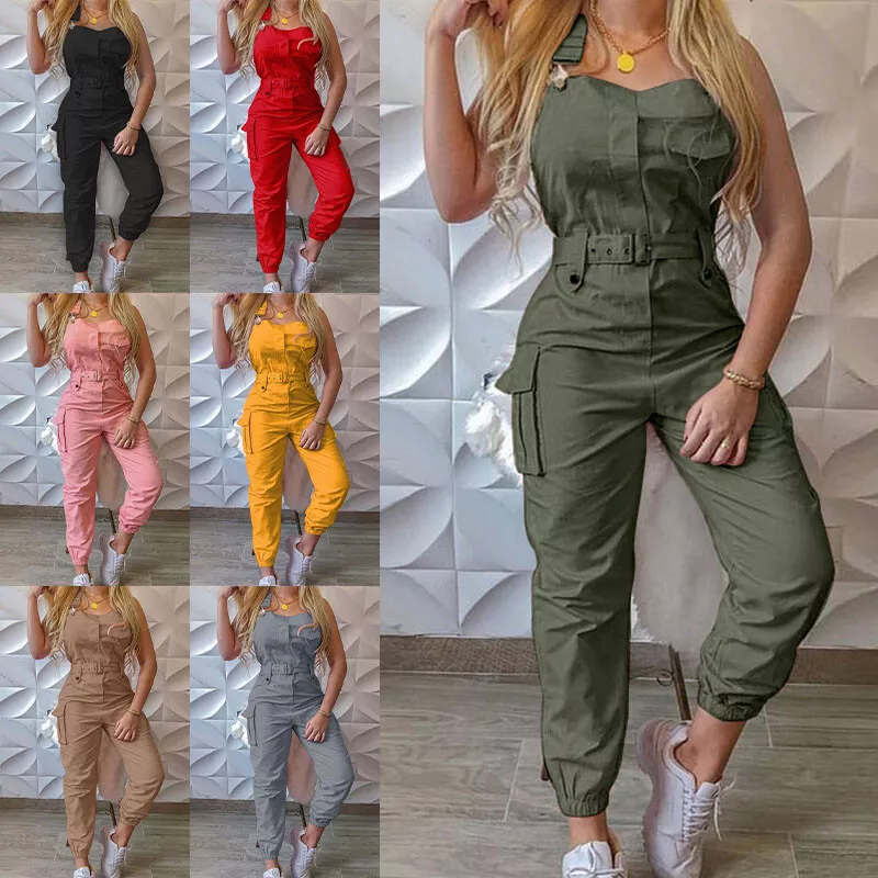 Womens Sleeveless Cargo Belted Jumpsuit Ladies Summer Casual