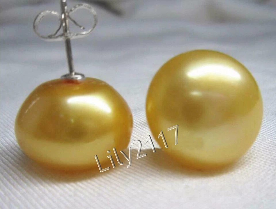 Huge Natural 13-14mm South Sea Golden Pearl Stud Earrings 14K White Gold AAA - Image 2 of 4