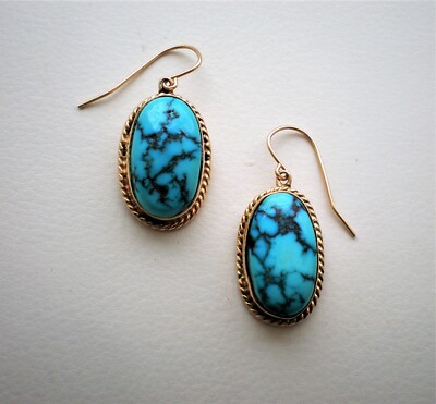 Vintage Native American 14K Yellow Gold Turquoise Dangle Drop Pierced Earrings