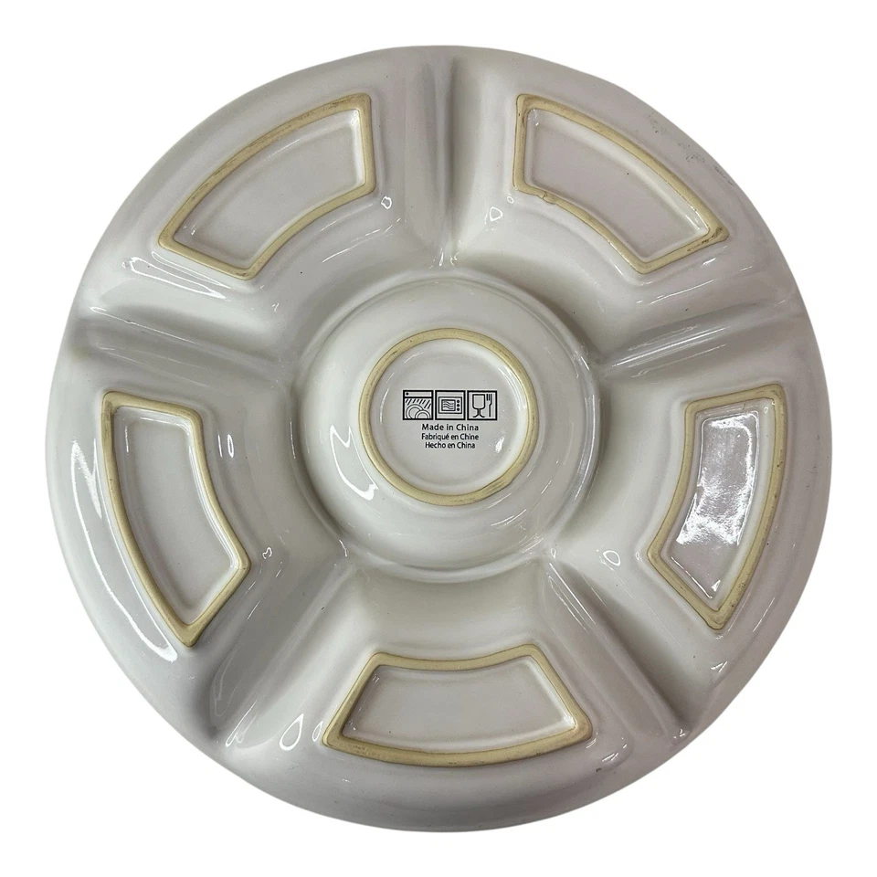 Vintage Porcelain 6-Section Vegetable & Dip Bowl Woven Basket & Wooden Handles - Image 4 of 4