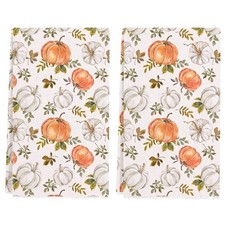 2 PCS Fall Pumpkin Kitchen Towels Orange White Maple Leaves Hand 18x26 Inch