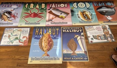 Lot of 9 Wild Alaska Seafood Posters Mounted On FB - Crab Salmon Cod Halibut