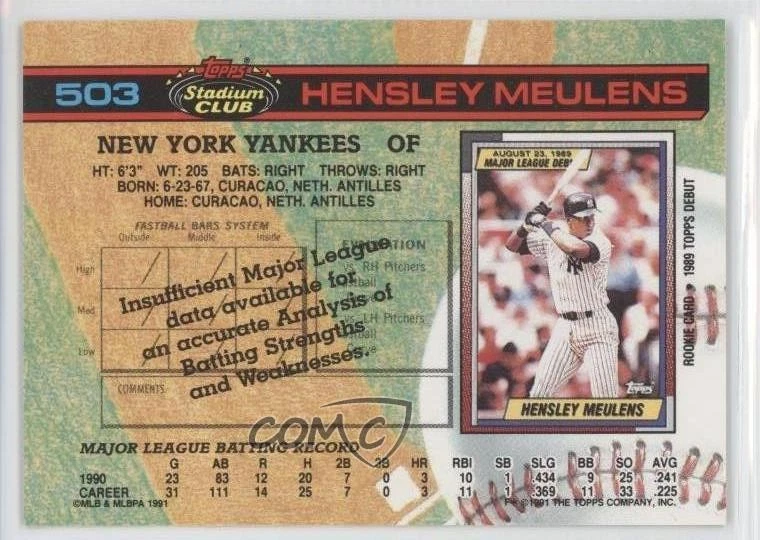 1991 Topps Stadium Club Missing Foil Hensley Meulens #503 - Image 2 of 2