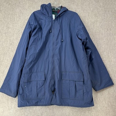 Misty Harbor Blue Hooded Raincoat Plaid Flannel Lined Water Proof Women XL