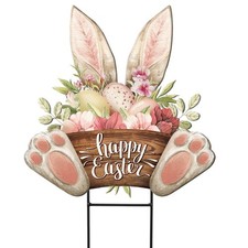 Happy Easter Outdoor Decor Metal Garden Stakes 25 Inch Bunny Welcome Yard Sig...