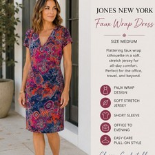 Jones New York Faux Wrap Dress M Multicolor Jersey Short Sleeve Office Career