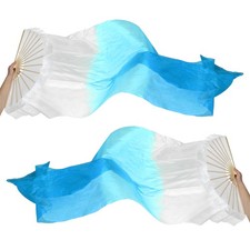 1 Pair 16 Fan Folding Belly Dance Silk Fan Veil 59", White Gradient Lake Blue