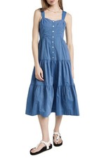 Madewell Button Front Tiered Midi Dress Blue Stripe Sz 6 Pockets 100% Cotton