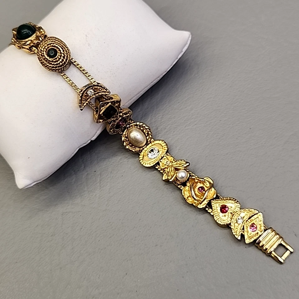 Pulsera Deslizante Vintage Dije Corazón Mosca Estrás Tono Dorado 7" Foto 2 de 4