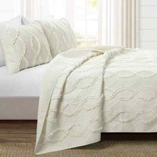 New Lush Decor Microfiber Quilt Set Ruffles Textured Solid, Ivory, Full/Queen