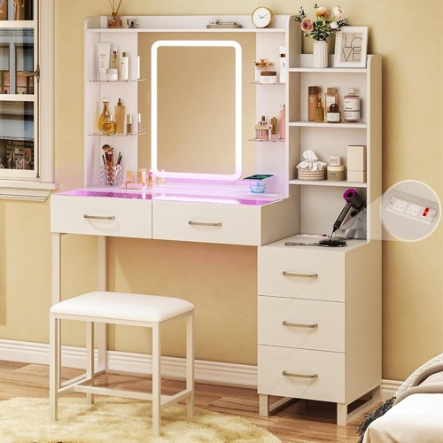 Vanity Desk with Mirror and LED Lights 43" Makeup Vanity with Glass Top