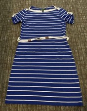 Lauren Ralph Lauren Blue White Striped Nautical Dress Petite Medium Belt