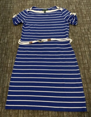 Lauren Ralph Lauren Blue White Striped Nautical Dress Petite Medium Belt |  eBay