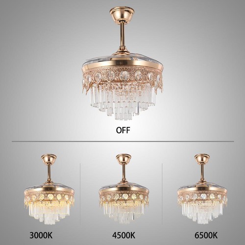 42'' Gold Retractable Ceiling Fan Invisible Fan Light Modern Crystal Chandelier - Picture 5 of 8
