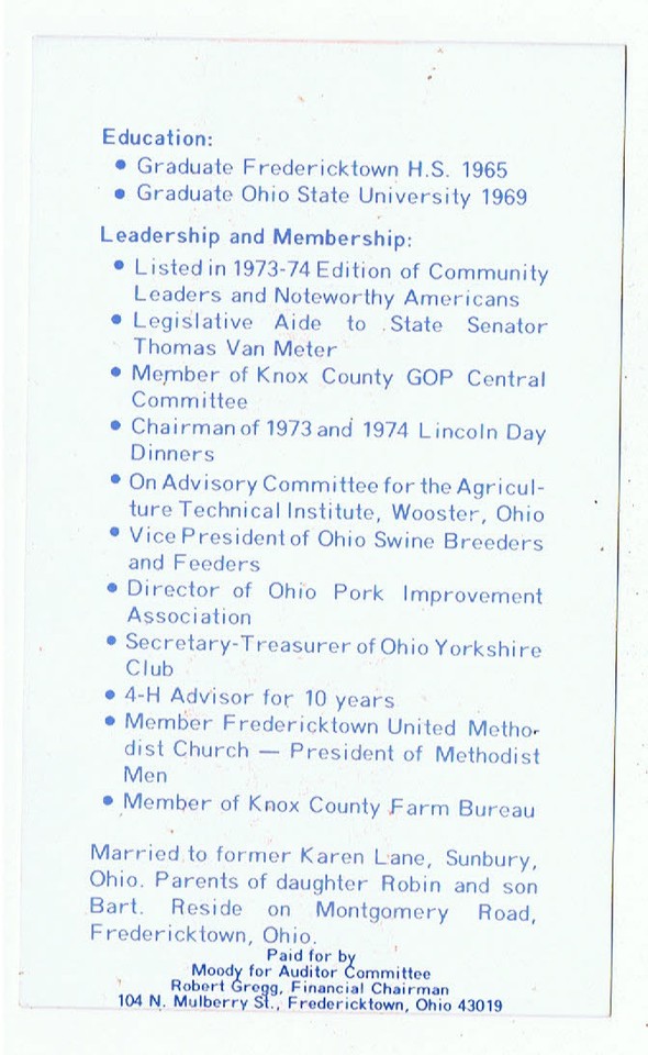 Vintage 1970s j william moody knox county auditor ohio political
