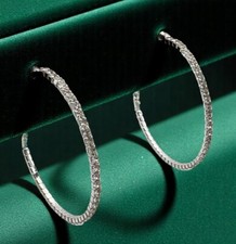 Large Silver Tone Rhinestone Hoop Earrings Elegant Design 2 Inch Sparkling
