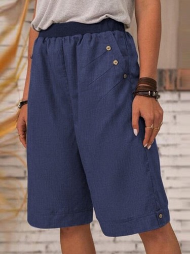 Women Elastic Waist Casual Shorts Ladies Cotton Linen Pockets Summer Short Pants - Picture 9 of 22