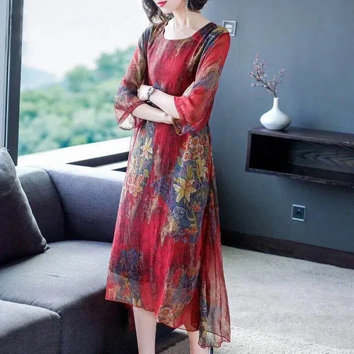 Women Chiffon Print Midi Dress Half Sleeves Casual Loose A-line Retro Ethnic - Picture 3 of 22