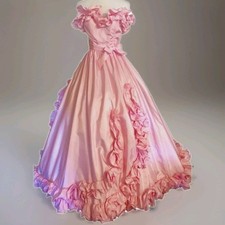 Vtg 80s Pink Tiered Prom Dresses Ball Gown Ruffle Strapless Rosettes Custom Gown
