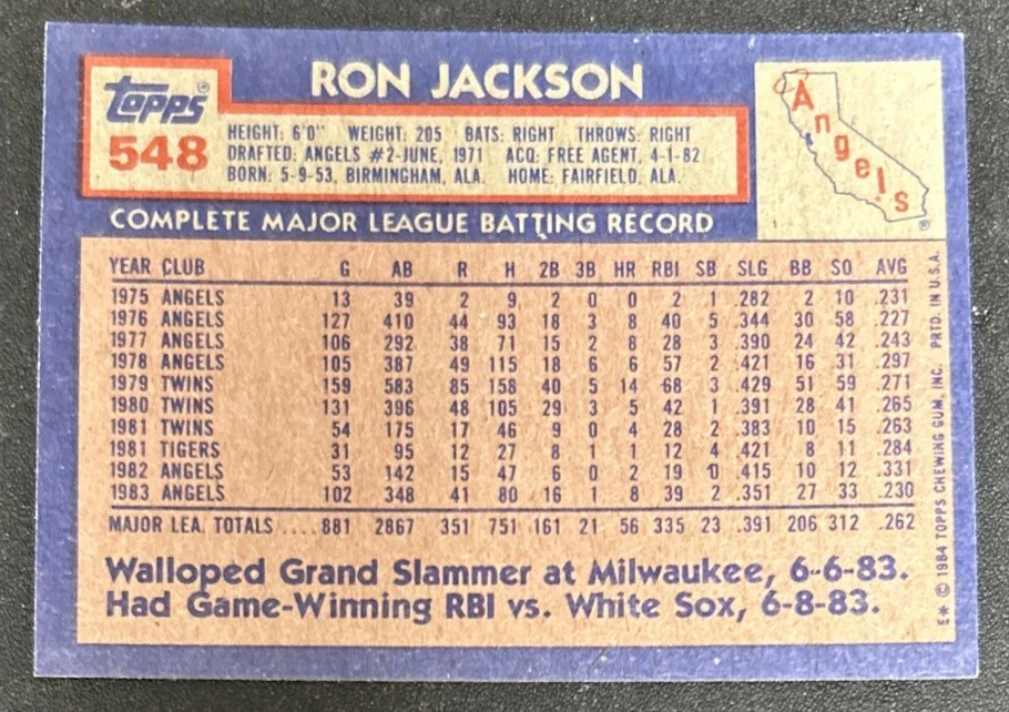 Tarjeta de béisbol 1984 Topps Ron Jackson #548 Angels 3B-1B en muy buen estado sin usar Foto 2 de 2