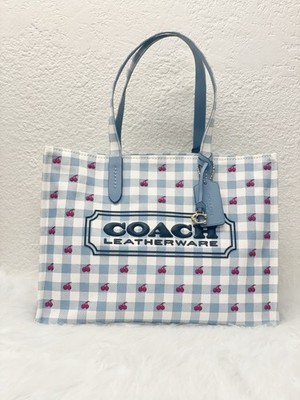 Coach CES71 Tote Bag With Gingham Print Gold/Blue Multi NWT