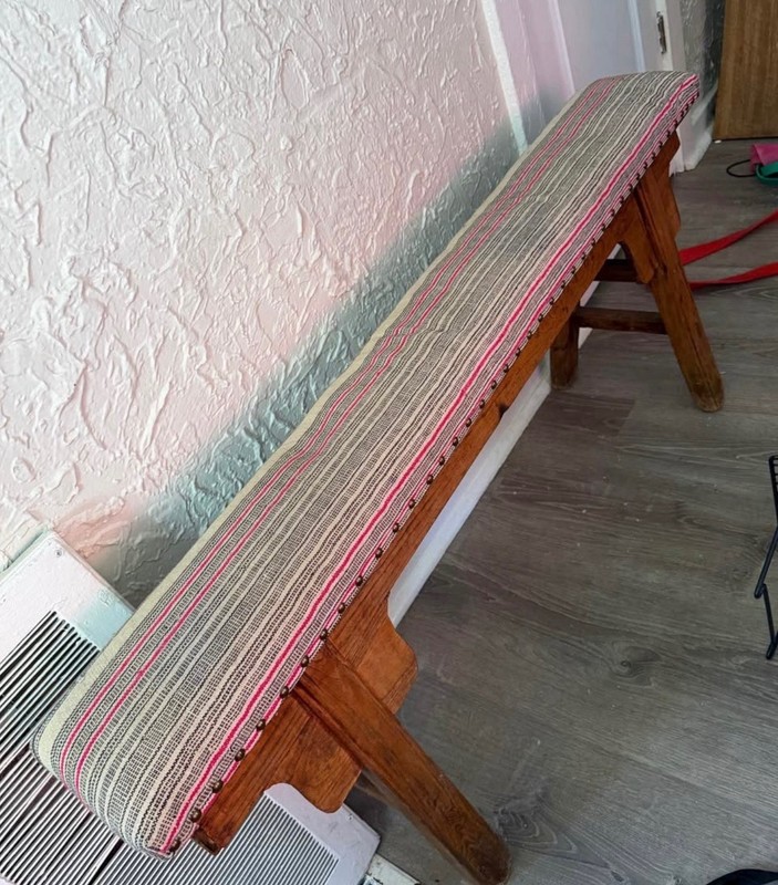 Wood Frame Bench, Upholstered Patterned Seat, Nailhead Trim, Backless