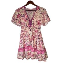 Women's Small Floral Pink and Purple Short Sleeve Mini Dress