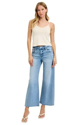 Risen Jeans - Mid-Rise Cropped Wide Leg Jeans with Raw Cut Hem (27'' Inseam) - PW