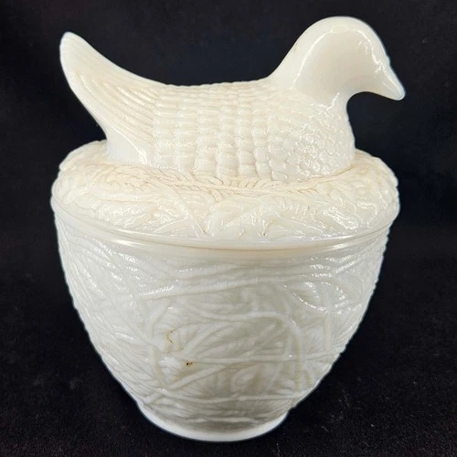 Vintage Milk Glass Dove Quail on Nest Covered Dish 1970's Bird AVON