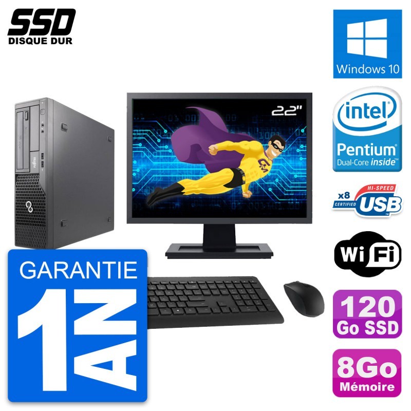 PC Fujitsu E500 E85+ DT Ecran 22" Intel G630 RAM 8Go SSD 120Go Windows 10 Wifi