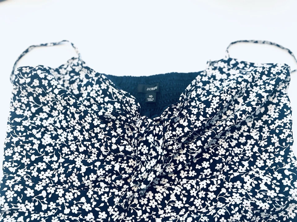 J. Crew Jumpsuit Sz 10 Wide Leg Floral Smocked Blue White Sleeveless Tie Front - Image 3 of 4