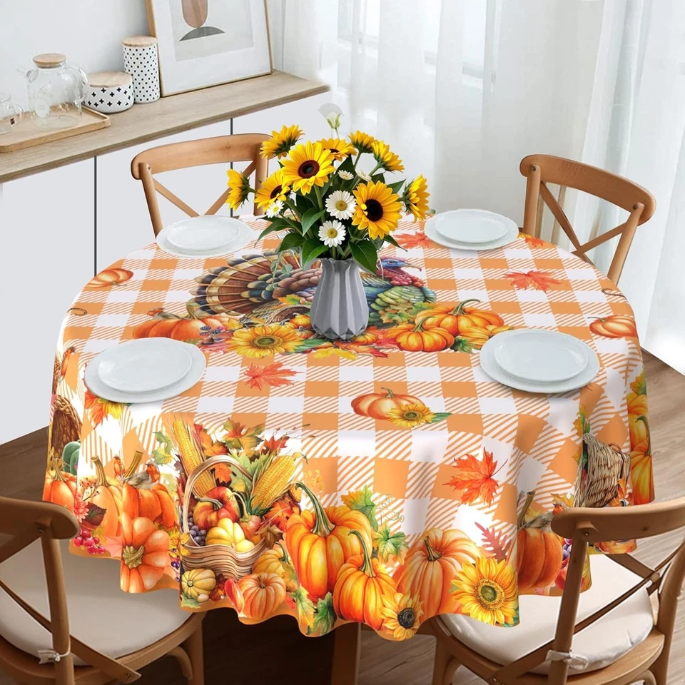 "Mantel redondo de acción de gracias de 70"" - decoración navideña de pavo y calabaza" Foto 2 de 4
