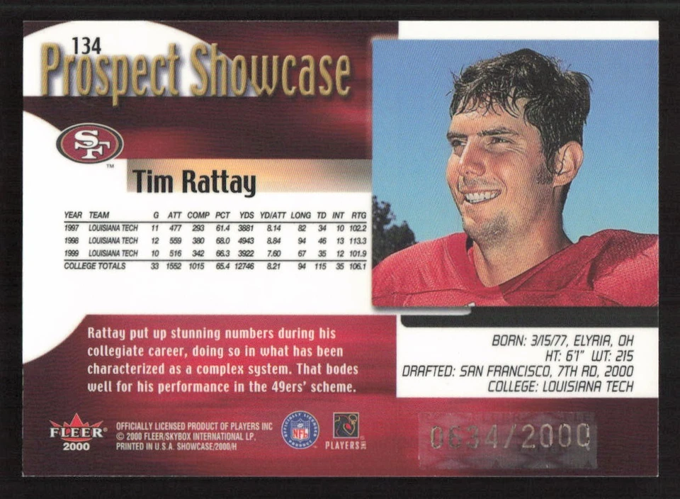 2000 Fleer Showcase Tim Rattay #/2000 RC Rookie #134 Card - Image 2 of 2