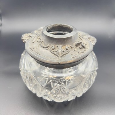 Antique Crystal Hair Receiver Dresser Jar Vanity Silverplate Baroque Floral Lid