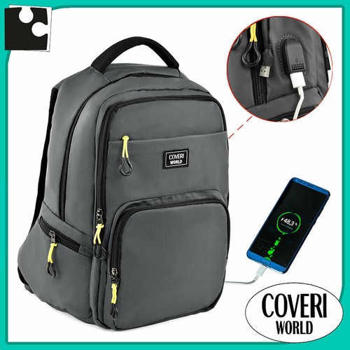 ZAINO da uomo donna sportivo grigio lavoro scuola viaggio PORTA PC computer  USB | eBay