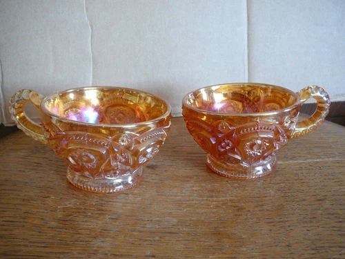 IMPERIAL VINTAGE MARIGOLD CARNIVAL GLASS PAIR of CUPS FASHION PATTERN EXCELLENT