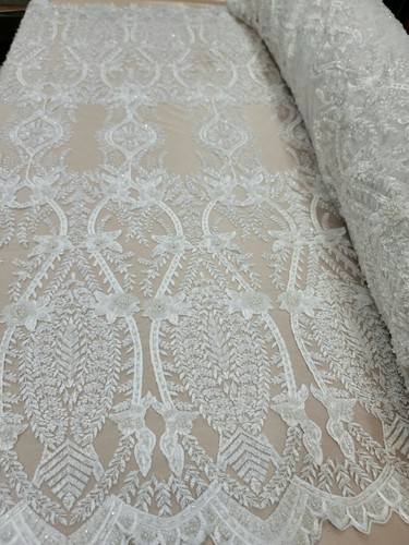 Off White Hand Beaded Lace Floral Flowers Fabric Sold By The Yard Bridal - Picture 3 of 10