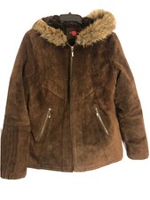 Gallery Womens Coat Genuine Brown Leather W/ Faux Fur Lining & Fur Trimmed Hood