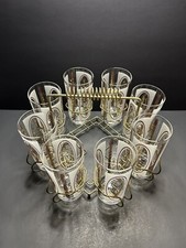 Vintage MCM “Golden Wheat” 8 Tall Boy Glasses And Caddy -No Ice Bucket-