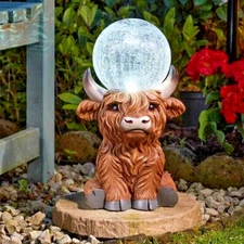 Adorable Highland Cow Large Light Up Garden Ornament Solar Power Colour LED Orb