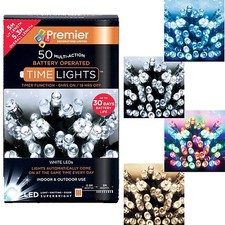 Christmas 50 Battery Timer LED Lights on Green Cable Indoor or Outdoor 4 Colours