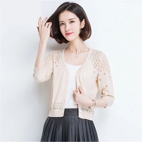 Damen Strick Pullover 3/4 Ärmel Shrugs V-Ausschnitt Button Down Cardigan Crop Tops Gr. - Bild 17 von 22