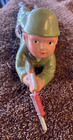 Vintage 1940sCelluloid Ww2 Soldier Crawling Wind-Up Alps Japan Works W/Key-Video
