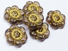 14MM CZECH PRESSED GLASS FLAT ROUND DISC FLOWER SPACER BEADS - 8PCS - 18 COLOURS