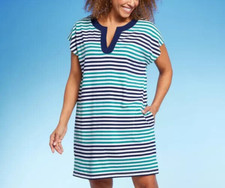 Lands End Womens Size S 6-8 Cap Sleeve Swimsuit Cover Up Striped Green Blue
