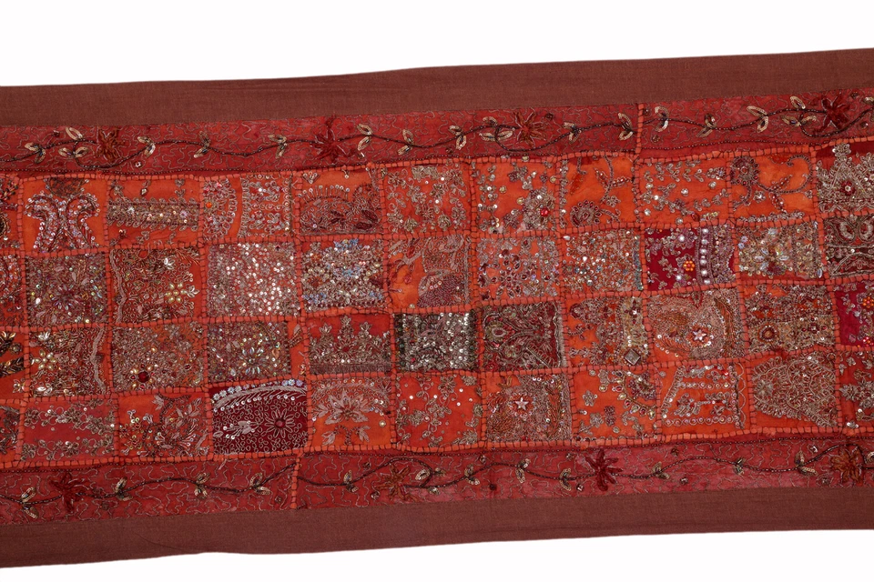 Indian Decor Vintage Textile Wall Tapestry Embroidery Sari Art Table Runner 60in - Image 3 of 4